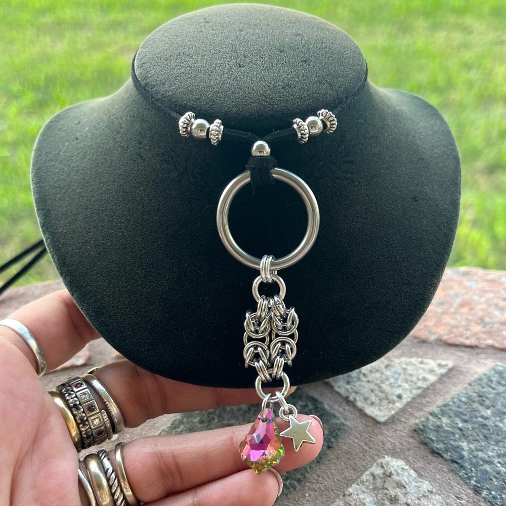 Maille choker necklace black suede pink yellow austrian crystal + star charm
